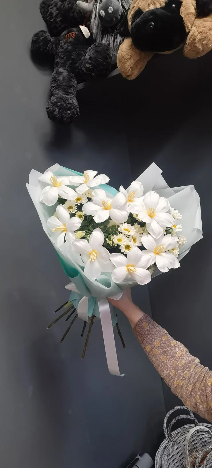 Букет № 51: композиция из 9 вывернутых тюльпанов и хризантемы «Сантини» в дизайнерской бирюзовой упаковке с белой полуматовой плёнкой и атласной лентой — стильный букет за 4 200 ₽., доставка в Коломне