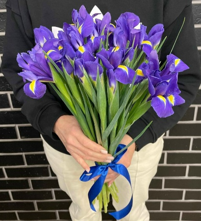 Букет № 75 из 19 фиолетовых ирисов с жёлтыми акцентами,
                 украшенный синей атласной лентой. Доставка цветов в Коломне. Цена: 2 990 ₽, доставка в Коломне