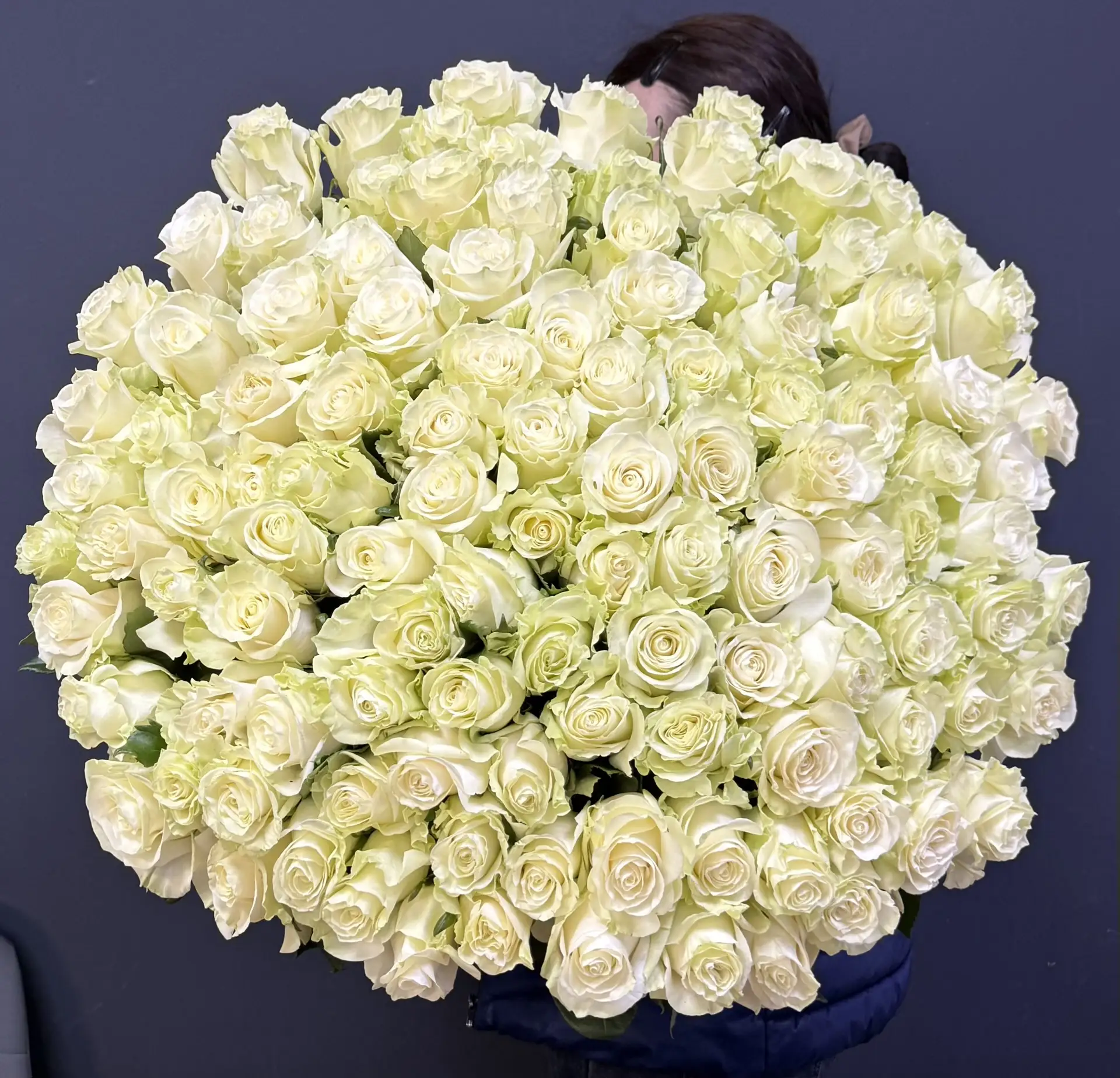 Букет № 57: композиция из 111 белых эквадорских роз (высота 70 см)
                 с белой атласной лентой — роскошный букет за 35 520 ₽., доставка в Коломне