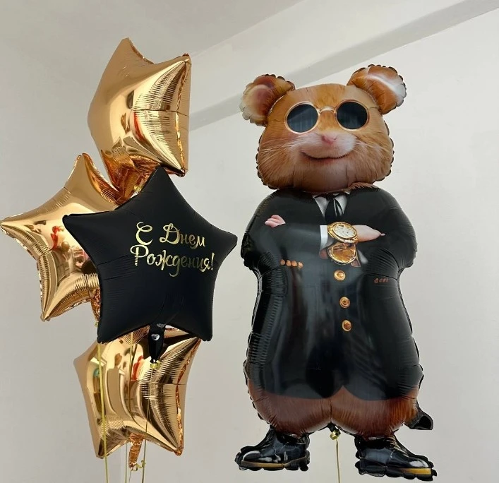 Сет № 143: набор гелиевых шаров с хомяком в очках
                 и фонтаном из фольгированных звёзд. Доставка в Коломне. Цена: 3 330 ₽