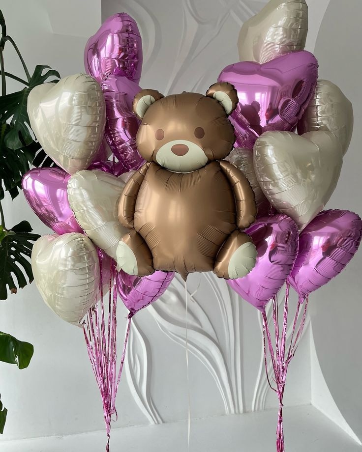 Сет №87 — «Медвежонок в сердечках»: фольгированный медвежонок 65×89 см
                   и 20 фольгированных сердец (капучино и розовые) — Коломна