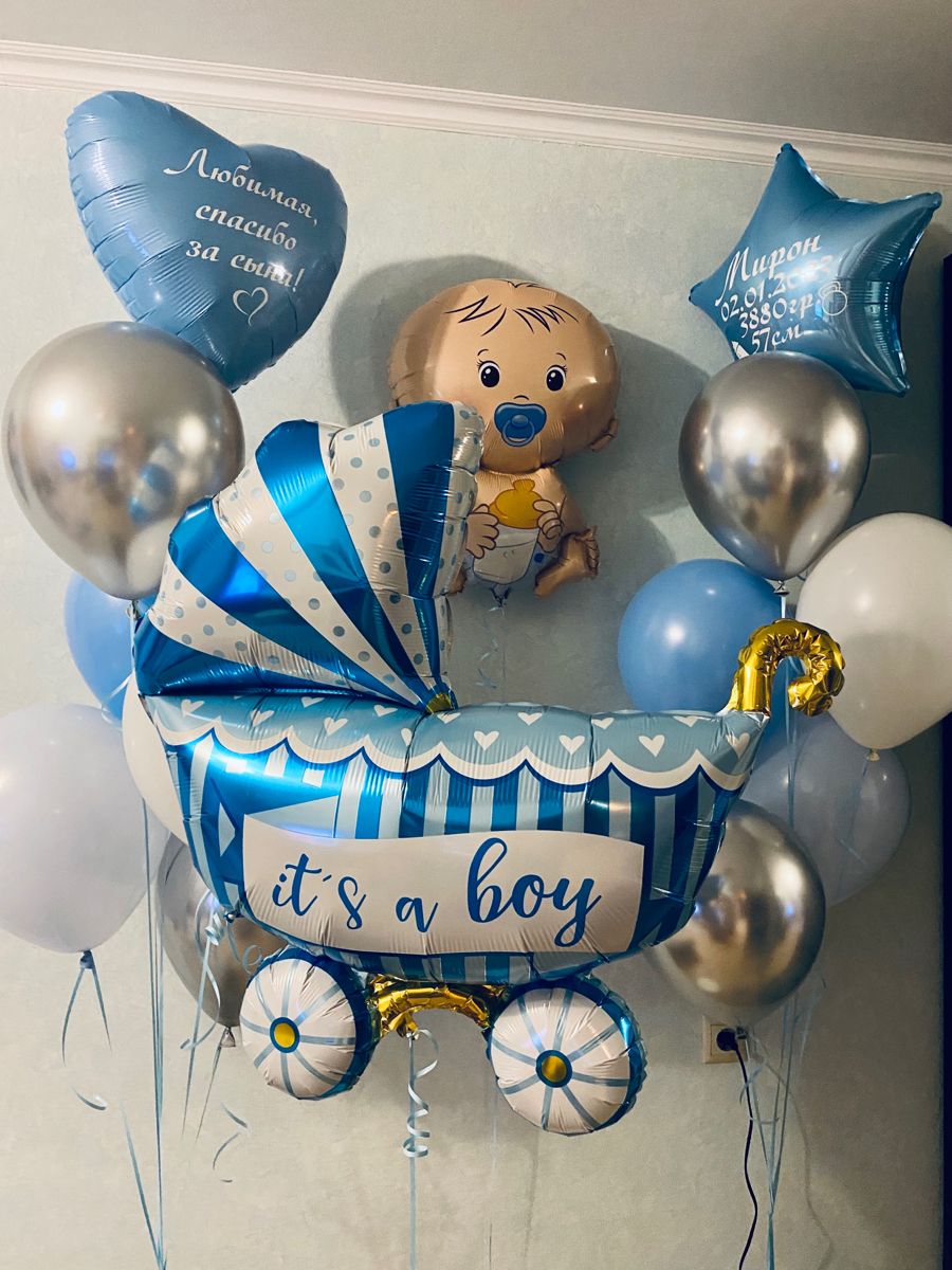 Сет №91 — «Сет для мальчика!»: фольгированный малыш 26×66 см, фольг. коляска 37×94 см, персонализированная звезда и сердце, голубые, белые и серебристые латексные шары — Коломна