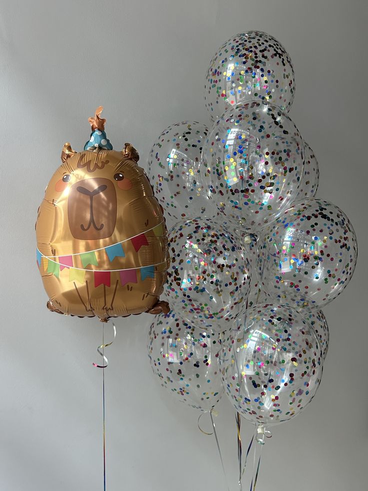 Сет № 103 «Копибара и фонтан из шаров с конфетти»: 11 гелиевых шаров (фигура Копибара,
                     латексные шары с разноцветным конфетти), цена 3 450 рублей, доставка в Коломне.