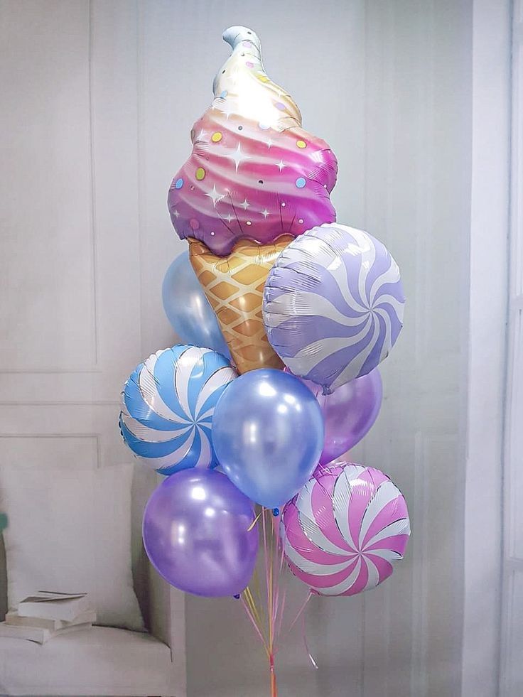 Сет №107 «Фонтан с карамелью и мороженым»: 9 гелиевых шаров (фольгированные леденцы,
                     шар‑фигура мороженое, полупрозрачные кристаллы) с грузиком, Коломна